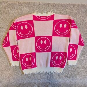 Altard State Pink White Smiley Face Checkerboard Knit Sweater XS Distressed